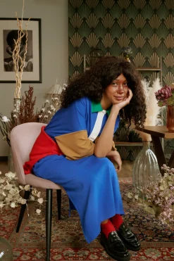 Daniel Chong Vestido Camisero Azul real cuello verde*Mujer Mujer